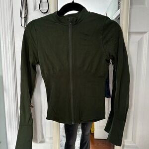 SEFI Olive Green Ribbed Full Zip Mock Neck Long Sleeve Activewear Top Thumbholes